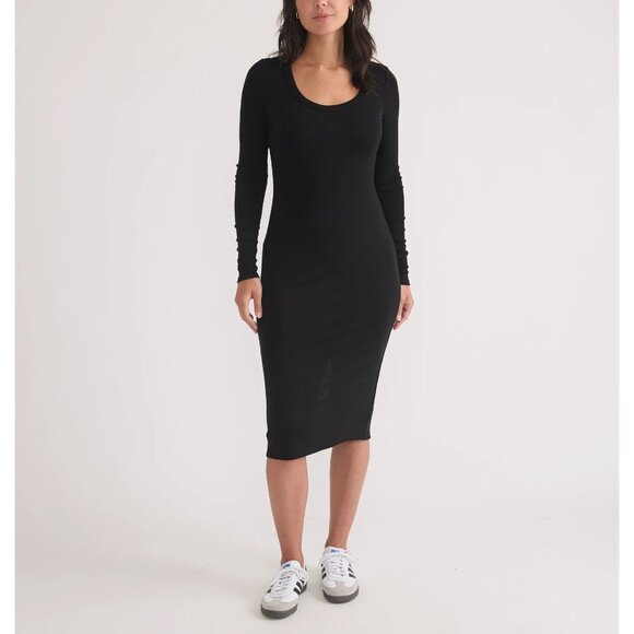 Marine Layer Size M Black Lexi Rib Long Sleeve Scoop Neck Midi Bodycon Dress - Picture 1 of 16
